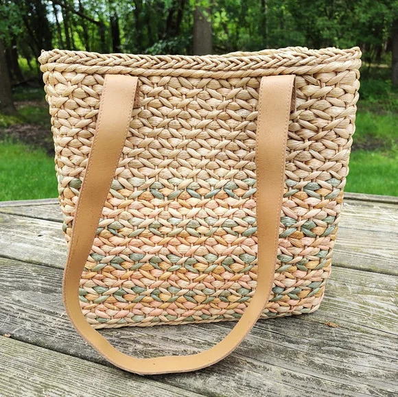 Woven Square Beach Tote Bag Straw Corn Husk Cotton Lined Natural Blue Pink - Picture 2 of 13